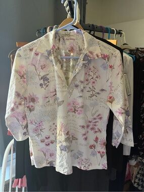Floral Botanical Casual Button-Down Shirt — Cream with Pink & Purple Print 14P